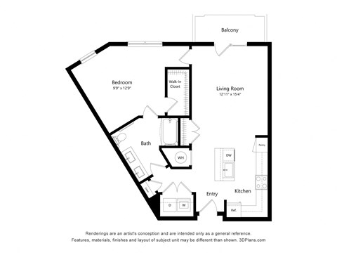 Floor plan for 1 bed, 1 bath, 827 sqft